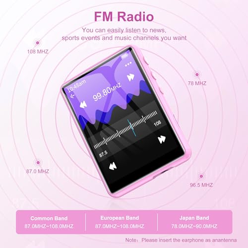 Image of SWOFY 64GB MP3 Player with Bluetooth 5.3, 2.4-Inch Full Touch Screen, Portable Lossless Sound Music Player with HD Speaker, MP3 with FM Radio Recording e-Book, Record, Earphone Included-Pink