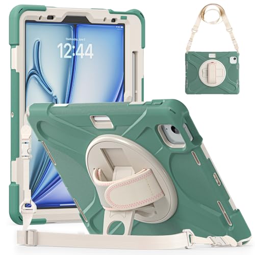 Coque iPad Air 11 M3 antichoc avec porte-stylo et bandoulière vert
