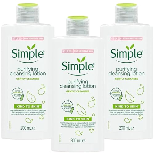 Simple Kind to Skin Purifying Cleansing Lotion 3 x 200mL – Gentle Face Cleanser for Sensitive Skin – Hydrating & Soothing – No Harsh Chemicals – Fragrance-Free (3 Pack)