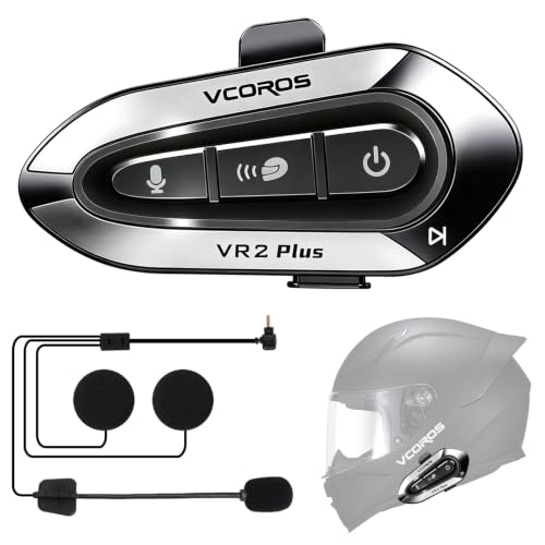 Intercomunicador Casco Moto Bluetooth VR2 Plus, Bluetooth 6.0 ,Modo de Color RGB,Auriculares Casco Moto para 2 Motociclistas 500m,IP56 Impermeable,para Asistente de Voz Manos Libres (1Pack Hard Mic)