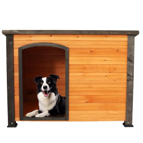 Large Dog House, Outdoor Extreme Outback Log Cabin Dog Kennel with Elevated Floor and Asphalt Roof, Weatherproof Outdoor Wooden Pet Kennel for Small Medium Large Dog (44.5\"L x 31.9\"W x 32.3\"H)