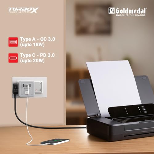 Image of Goldmedal TurboX All-in-One Charging Power Adapter with Master Switch | 4 International Sockets, 2 USB-A & 1 USB-C Port | Fast Charging Travel Adapter | White