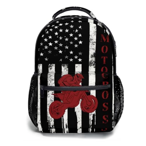 Dirt Bike Backpack for Boys American Flag Motocross School Bookbag Vintage Black White and Red Racing Motorcycle College Shoulders Back Pack for Travel Hiking Camping
