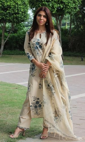 Image of GoSriKi Kurta Set for Women Viscose Blend Printed | Kurta Pant Dupatta Set for Woman | Round Neck 3 /4 Sleeve Straight 3 Piece Ethnic Dress Stylish Womens Clothing Outfit