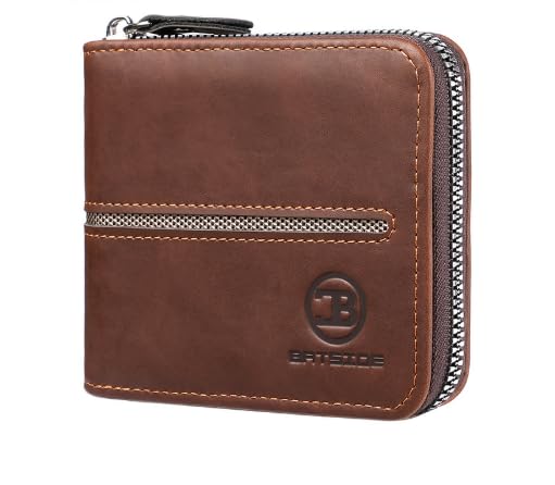 Vintage PU Leather Wallet for Men, Business Style Zippered Credit Card Case with Embossed Lettering, Classic Gift, Birthday Present (Dark Brown)