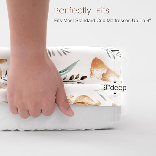 Image of PHF Soft Crib Sheet Fitted, 2 Pack Baby Sheets for Boys Girls, 28x52x9in Fits Standard Crib and Toddler Mattresses, Silky Comfy Breathable Polyester Baby Mattress Sheets, Woodland
