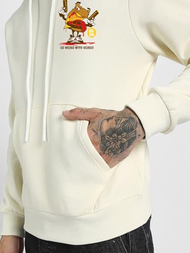Image of Veirdo Cotton Fleece Regular Fit Hooded Sweatshirt Lastest Back Graphic Printed Winter Hoodies for Men (Available Colors: Marine Green, Marshmellow, Black, SOYA Bean, Orange & Blue)