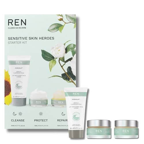 REN Evercalm™ Sensitive Skin Heroes Starter Kit Gift Set, Gentle Cleansing Milk 50ml, Global Protection Day Cream 15ml, Overnight Recovery Balm 15ml