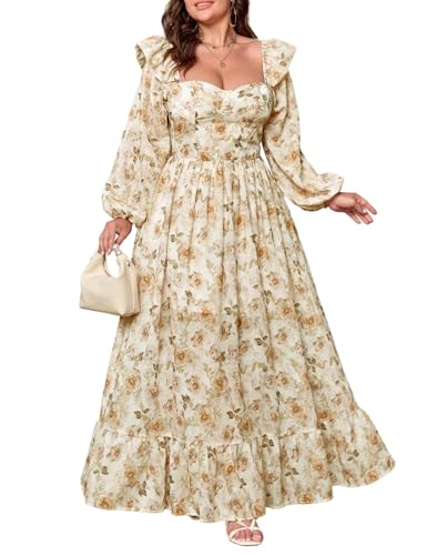 Women's Floral Puff Long Sleeve Maxi Dress Sexy Sweetheart Corset Boho Chiffon Flowy Smocked Long Dresses