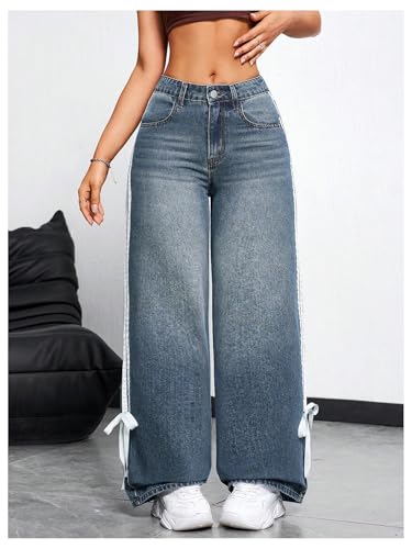 MakeMeChic Women's Straight Wide Leg Denim Pants Striped Bow Rise Jeans with Pocket Y2K Streetwear3