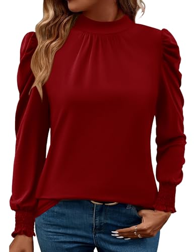 Image of LUYAA Puff Long Sleeve Shirts for Women Tops Dressy Casual Frill Mock Neck Smocked Cuffs Blouses