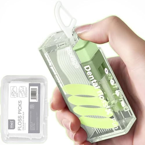 Dental Floss Dispenser – More Portable – 65Pcs Tooth Dental Floss Picks, Floss Sticks Floss Pick Holder Included 10 Pcs Dental Flossers for Adults (Green + 55 Pcs Extra Dental Floss)