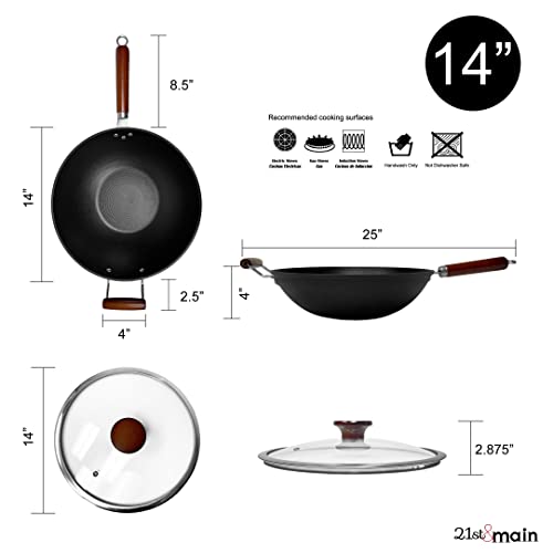 21St & Main Light Weight Cast Iron Wok, Stir Fry Pan, Wooden Handle, With Glass Lid, 14 Inch, Chef’s Pan, Pre-Seasoned Nonstick, Commercial And Household, For Chinese Japanese And Others Cooking #TOP2