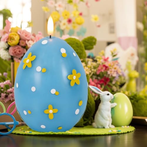 Image of Easter Flameless Candles Battery Operated with 6 Hour Timer Battery Operated Real Wax Color Painted Easter Egg Shaped LED Flickering Candles Dinner Spring Holiday Decor(Blue, 2.4 inchD x 6.3 inchH)