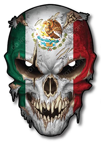 Image of Mexico Country Flag Skull Decal w /Reflective Eyes Mexican Pride - Universal Auto Skeleton Sticker for Car Truck SUV Body Side Window & Windshield