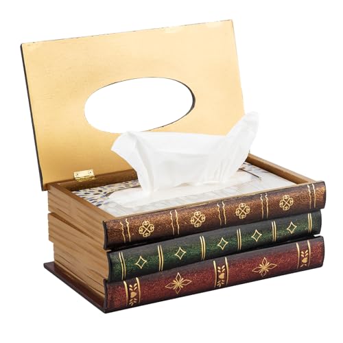 VERGOODR Crafted Classical Retro Wooden Antique Book Tissue Box Cover Rectangular Tissue Holder Dispenser Paper Cover Case Napkin Holder Home Decor for Bathroom Living Room Office car Kitchen