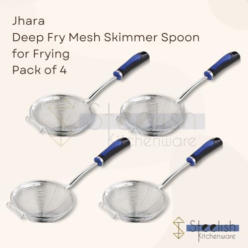 Image of Stainless Steel Jhara for Frying Big Size | Deep Fry Mesh Skimmer Spoon for Frying | Wire Skimmer, Puri Strainer, Cooking Oil Strainer for Kitchen, Durable Long Blue Handle - 16CM, Pack of 4