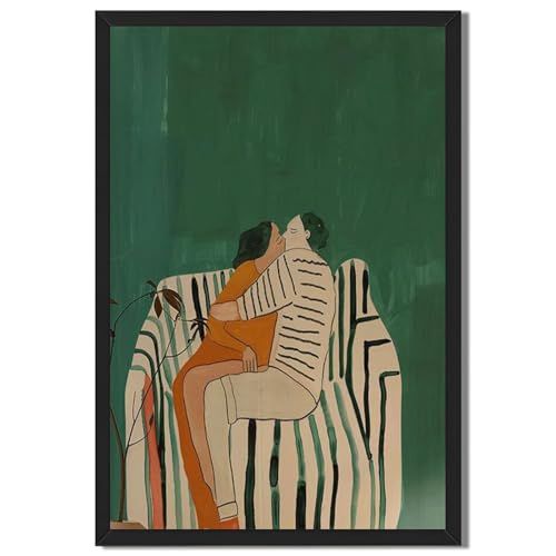 Framed Romantic Couple Embracing on Sofa Poster, Canvas Print Art,