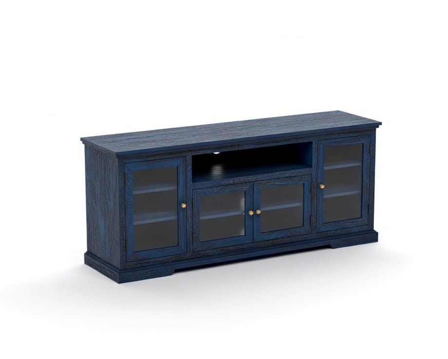 Image of Sheesham Solid Wood TV Cabinet for Living Room | Handcrafted Wooden TV Unit with Storage | Elegant Entertainment Stand for Modern Homes (Glass Tv Cabinet, Rustic Blue)