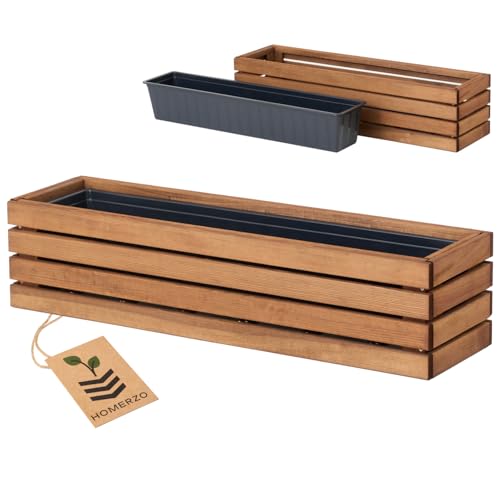 HOMERZO Holz Pflanzkasten Blumenkasten rechteckig – braun imprägniert, mit herausnehmbarem Kunststoff-Einsatz – Pflanzkübel für Balkon, Garten & Terrasse (Horizontal-braun, 86x23 H20)