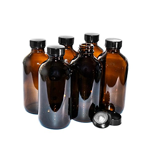 (6 Pack) 8 oz. Amber Boston Round with Black Poly Cone Cap