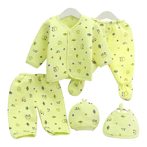 Image of GURU KRIPA BABY PRODUCTS Unisex Cotton New Born Winter Wear Keep Warm Cartoon Printed Clothes Fleece /Falalen Suit Infant 5 Pcs Sets Yellow For 0-3 Months