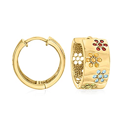 Ross-Simons 1.20 ct. t.w. Multi-Gemstone Flower Huggie Hoop Earrings in 18kt Gold Over Sterling