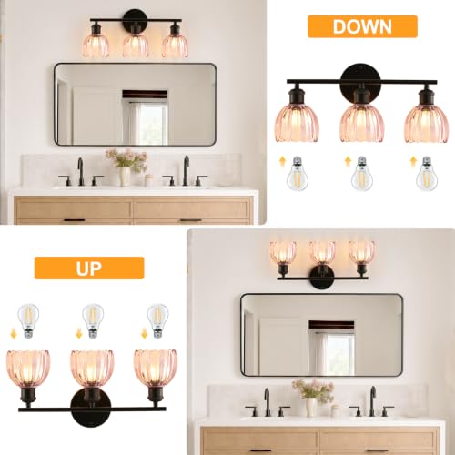 Image of Bathroom Light Fixtures, 3-Light Brushed Black Vanity Lights for Bathroom with Pink Tulip Glass Shade, 20 inch Vintage Bathroom Vanity Lighting Fixtures Over Mirror for Bedroom Living Room Hallway