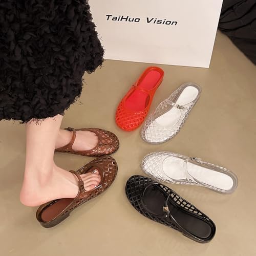 Image of Jelly Mesh Ballet Flats for Women Clear Hollow Jelly Shoes Sandals Round Toe Non-Slip Beach Ballerina Jellies Flats Shoes