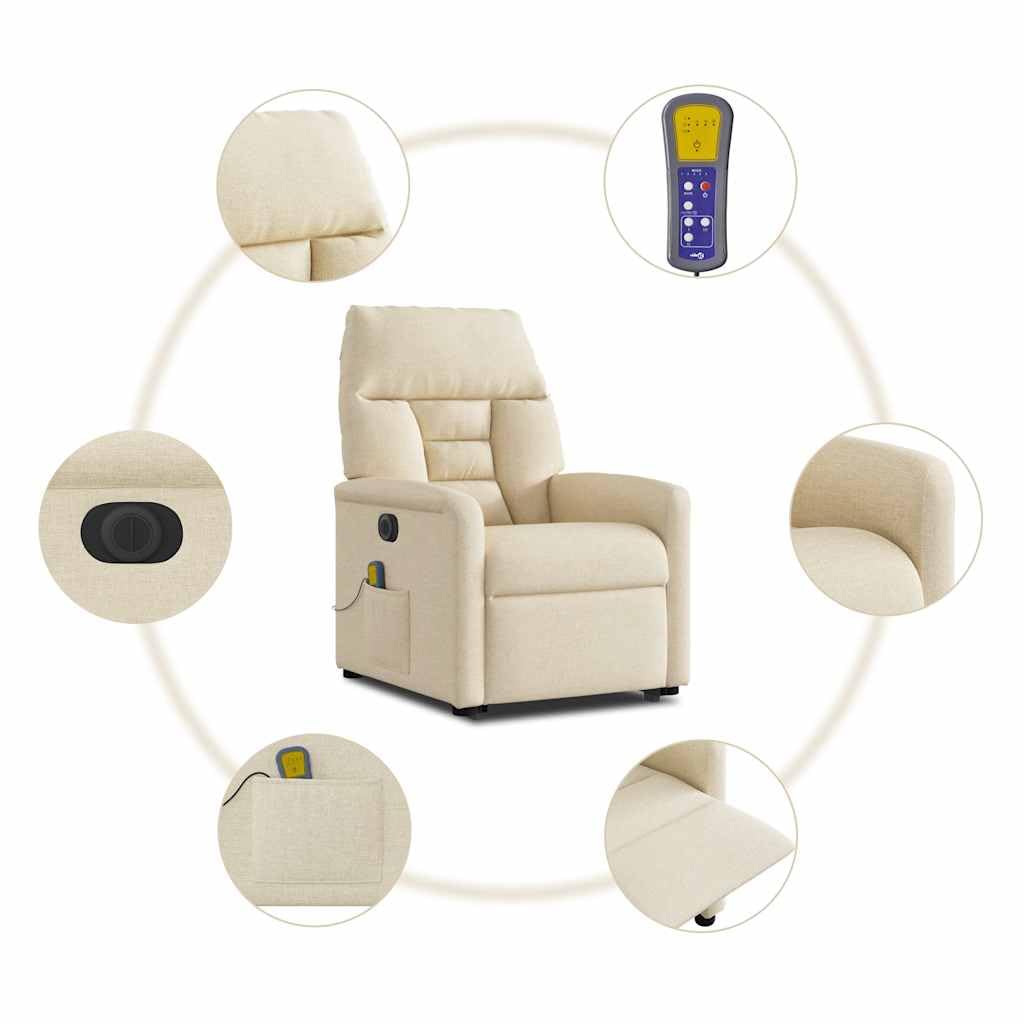 Elektrischer Massagesessel mit Aufstehhilfe cremefarben, Stoffbezug, verstellbare Rückenlehne und Fußstütze, 6-Punkt-Vibrationsmassage, Stabiler Holz- und Metallrahmen
