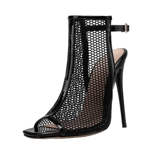 Sandales à talons hauts femme en PU noir et maille fine aux finitions haute couture