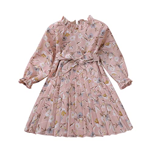 Vestido de verão para meninas, casual, gola redonda, manga comprida, estampa floral, liso, vestido d