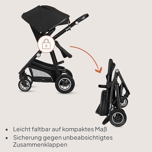 LIONELO BIANKA Kinderwagen 3 in 1 bis 22 kg Babywanne Autositz, Zusammenlegbar, Reise-System, Einstellung der Rückenlehne, Räder 360 Stoßdämpfer, Verdeck XXL