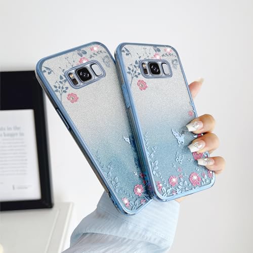 Image of for Samsung Galaxy S8 Case, Samsung S8 Case for Women Gradual Change Glitter Crystal Soft TPU Butterfly Floral Heart Clear Protective Cover with Strap for Samsung Galaxy S8 (Blue)