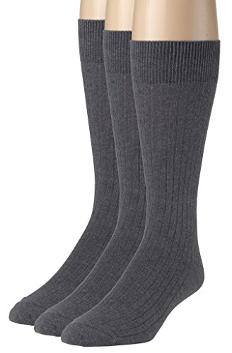 Men's Socks Soft Ribbed Knit Classic Cotton Mid-Calf Crew Dress Socks 3 Pack - Heather Grey (13-15)