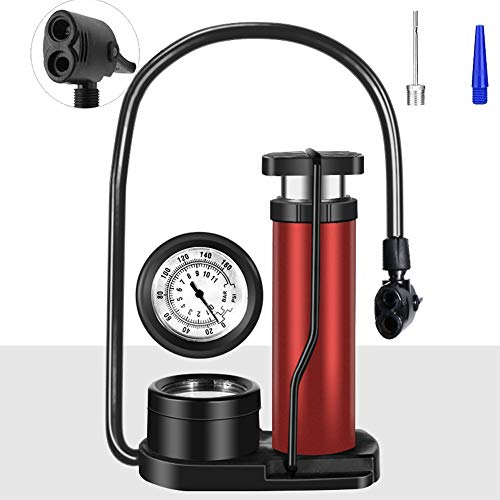 Emoly Bike Pump, Upgraded Mini Portable Bicycle Pump, Foot Bike Pump with Pressure Gauge, Tire Inflator Device, Compatible Universal Presta and Schrader Double Valve Bicycle Air Pump (Red)