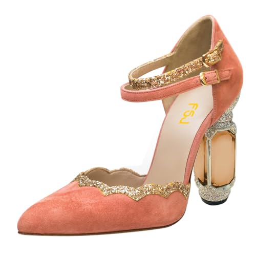 FSJ Women High Crystal Block Heels Pumps Pointed Closed Toe Ankle Strap Double Buckle Strap D'Orsay Sandals Church Evening Wedding Shoes Size 4-16 US