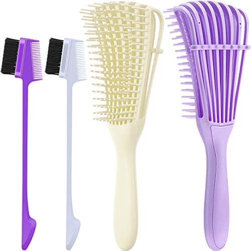 2 Pieces Detangling Brush Detangler and 2 Pieces Edge Brush Double Sided Hair Comb, Clean Knots for 3a to 4c Hair Textured Kinky Wavy Curly Wet Dry Oil Matted Hair (Purple, Beige White, White)