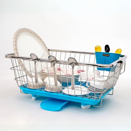 Image of KWER Stainless Steel Utensil Basket Drainer Dish Drainer Basket with Tray for Kitchen Vessel Drainer Rack Dish Drying Rack with Tray and Cutlery Holder, 43X56X24 Cm
