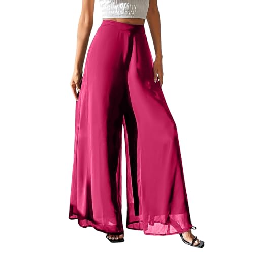 Image of CGGMVCG Women's Chiffon Wide Leg Pants High Waist Palazzo Trousers Summer Casual Flowy Baggy Beach Vacation Dance Pants (Hot Pink, S)