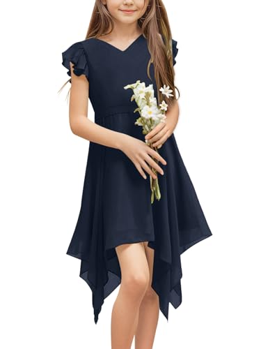 Kids Chiffon Cute A-Line Short Dress with Asymmetrical Layered Ruffled Bow Tie Teen Girl Bridesmaid Dress