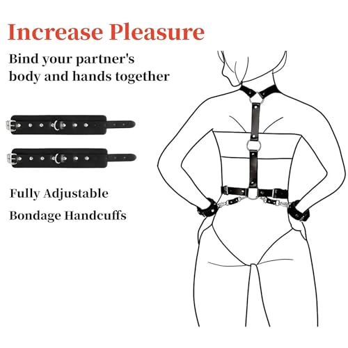 Leder Harness Damen Body mit Handschellen Punk Bondage Brust Geschirr Halsband für Frauen SM Bettfesseln Sexy Unterwäsche Dessous Handfesseln Handcuffs SexSpielzeug Bondage Set Fesselset für Frauen