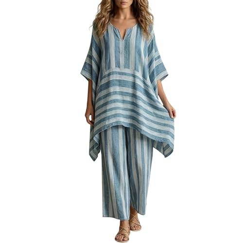 Ensemble rayé femme fluide manches 3/4 et pantalon large bleu L