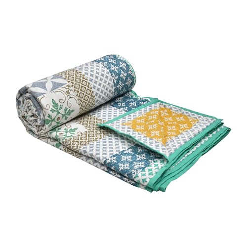 Image of BLOCKS OF INDIA 100% Cotton Dohar King Size Reversible Hand Block Printed Malmal Summer Dohar /Blanket (Blue Ikat)| TC - 300