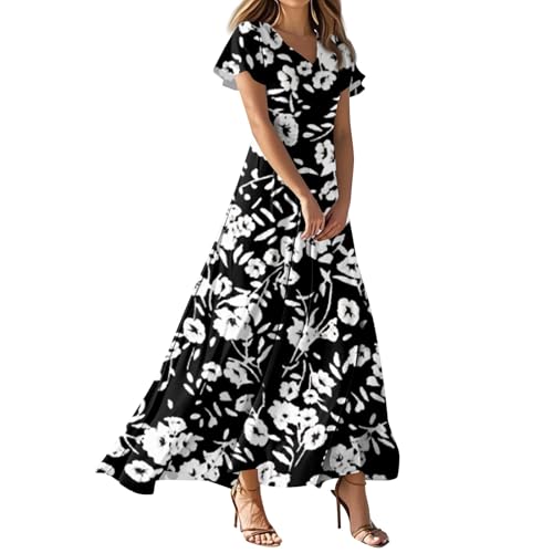 Sommerkleider Damen Leicht Und Luftig Mit Blumenmuster Swing Abendkleid Kleid V Ausschnitt Fashion Swingkleid Strandkleider Long Maxikleid Langes...