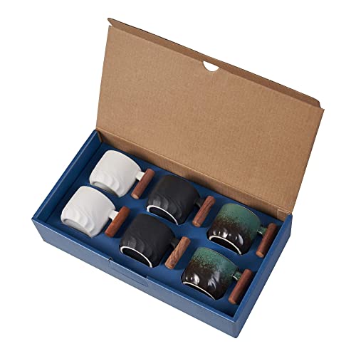 BlogBlog Tazas de café expreso de cerámica, 3 onzas, porcelana, mango de madera, paquete de 6 (negro, verde y blanco)