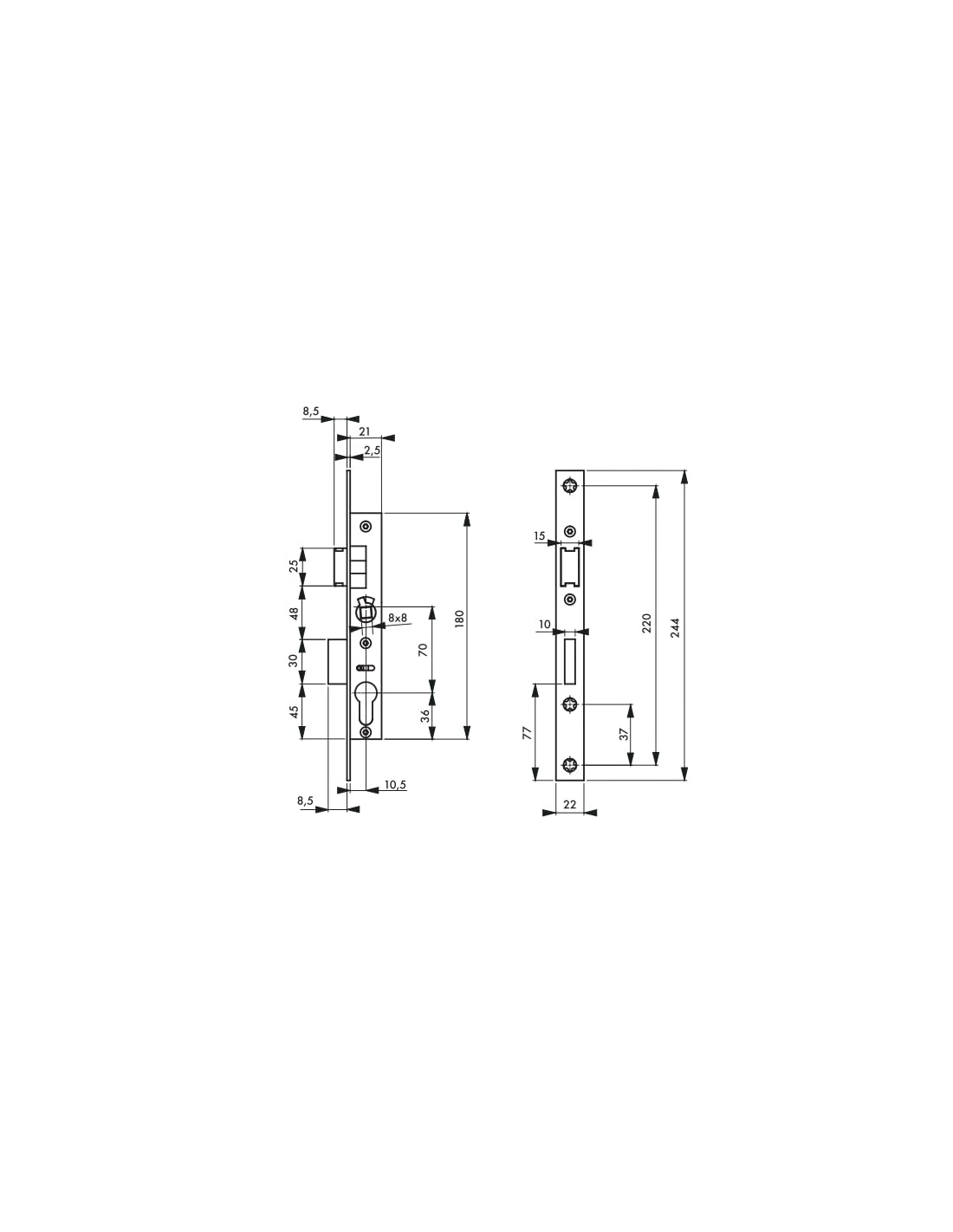 THIRARD - Serrure Encastrable à Cylindre pour Menuiserie Métallique - Axe 10.5 mm - Bouts Carrés - Cylindre 30 x 30 mm - Zingué - 3 Clés - Coffre Acier - Têtière Inox - Demi-Tour Réversible - Gris
