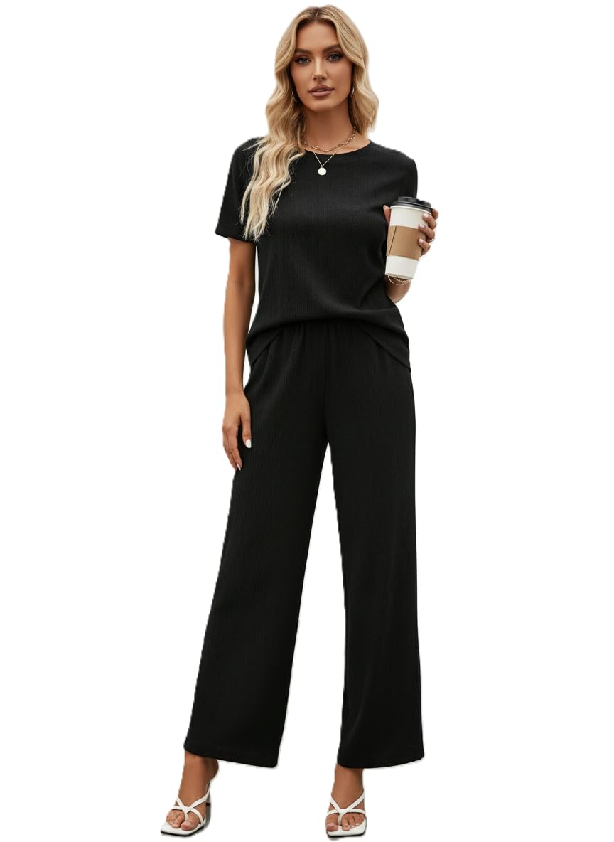 Women's Co-Ord Lounge Set, Black, S, Cotton Blend, Adult, Short Sleeve Top with Relaxed Fit Pants-image-27