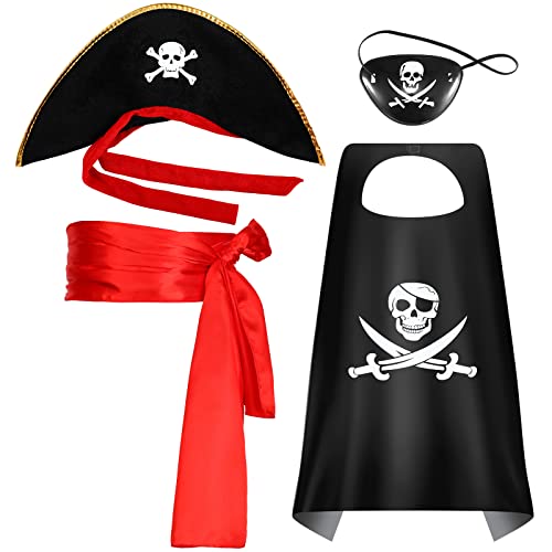 4 Pcs Kids Pirate Costume Accessory Set Includes Long Tail Pirate Hat Skull Eye Patch Black Satin Capes Red Large Sash for Boys Girls Pirate Party Dressing Halloween Role Play