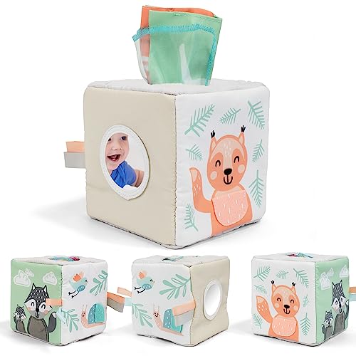 Image of Fun Baby Tissue Box with Stimulating Mirror For Endless Entertainment - Soft Montessori Toy w/ Crinkle Paper & Fabric Tissues - The Perfect Sensory Toy For Newborn/Infant Development From 6-12+ Months
